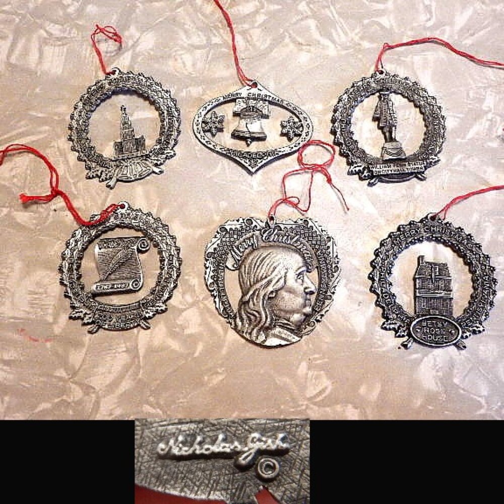 Lot of 6 NICHOLAS GISH PEWTER CHRISTMAS ORNAMENTS-Philadelphia Pennsylvania